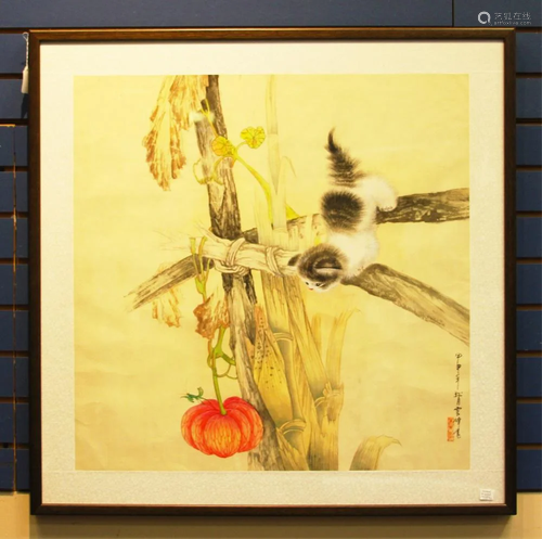 CHINESE PAINTING OF CAT W/ PUMPKIN, AR…