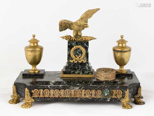 French Gilt Bronze and Marble Inkstand