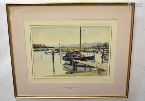 Josiah Sturgeon, RSMA, RI, FRIBA (1919-2000)Moored boatspen, ink and watercolour, signed lower