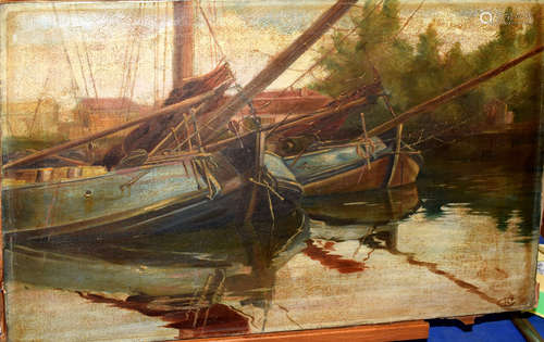 English School (19th/20th Century), Moored Boats, oil on canvas, monogrammed C R lower right, 35 x