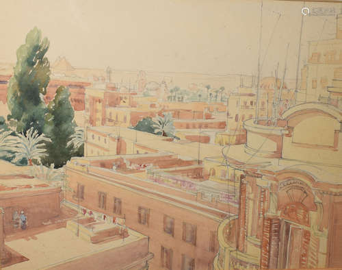 Orientalist School (20th Century), A rooftop view of Cairo, looking towards the pyramids,