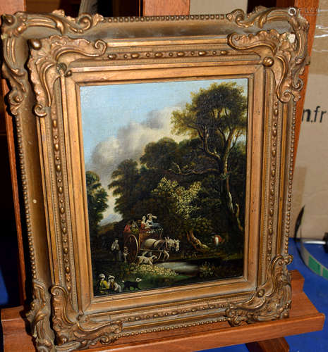 East Anglian School (19th Century), Wooded landscape with figures in horse drawn wagon, oil on