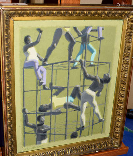 AR John Newberry (Born 1934), 'The Climbers', oil on board, signed lower left and inscribed verso '