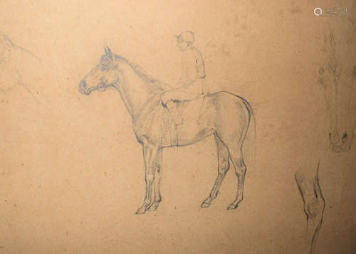 Circle of Sir Alfred J Munnings, Horse and Jockey, pencil drawing, 38 x 56cm, unframed