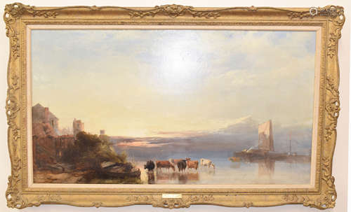 Henry Bright (1810-1873), Castle with Wherries and Cattle Watering at Dawn, oil on canvas, signed