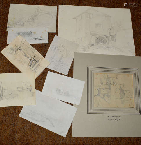 Henry Bright (1810-1873), Landscapes etc, group of nine pencil drawings, some monogrammed,