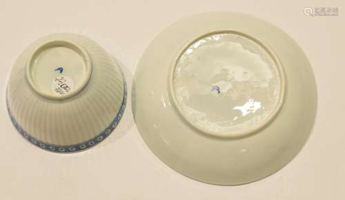 18th century Worcester porcelain tea bowl and saucer, the body with reeded moulding within a blue