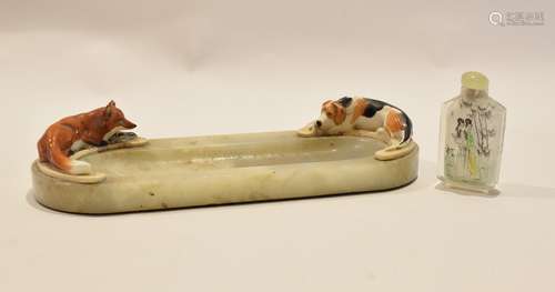 Vintage glass or alabaster ashtray, applied at either end with motifs of foxhound and fox, (losses