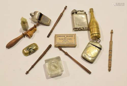 Box containing vintage vesta case, table lighter, whistle etc