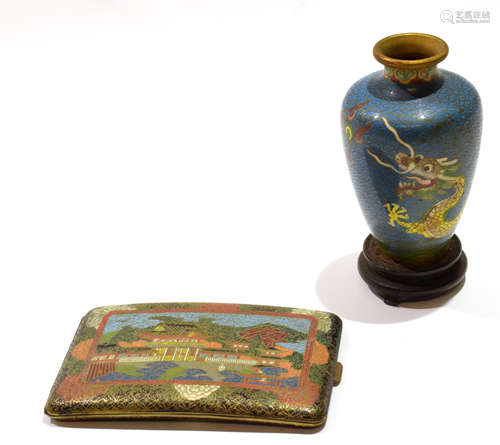 Late 19th century cloisonne vase together with a cloisonne cigarette case, with typical designs to