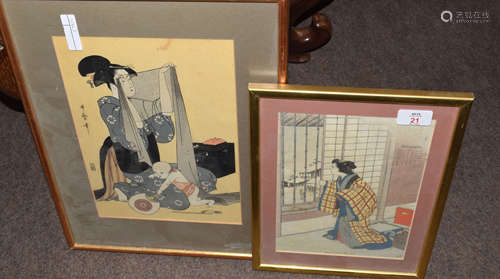 Group of Japanese wood block prints, one of a Samisen player and two others with geishas, (3)