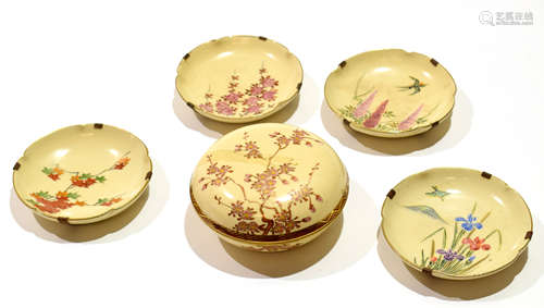 Group of four Satsuma dishes of lobed shape with typical designs together with a circular bowl and