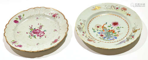 Two 18th century Chinese porcelain famille rose plates, one with a floral design, the other with a