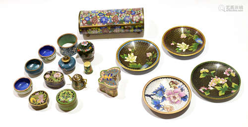 Group of cloisonne wares including a box and cover with floral decoration, other small boxes, pin