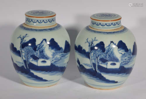 PAIR BLUE AND WHITE JARS AND COVER QING DYNASTY