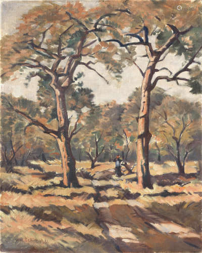 Walter Whall Battiss(South African, 1906-1982) A lone figure walking along a tree-lined path