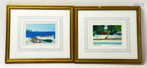 Pair Framed Watercolors St. Martin Bea…