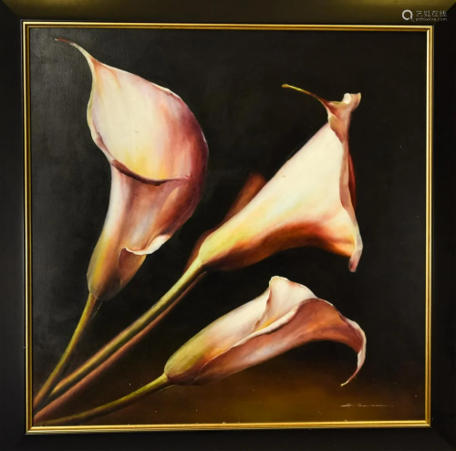 Signed Oil Painting of Arum Lily Flowers
