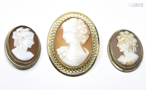 3 Antique Shell Cameos - Gold Filled & Ste…