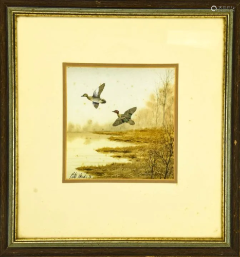 Peter Hanks Framed Watercolor of Ducks in Fli…