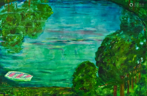 Impressionist Framed Oil Painting Boat on Lake