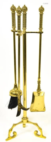 Set of Brass Filigree Motif Fireplace Tools