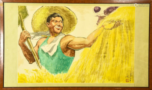 Chinese Watercolor Painting of a Farmer Signed