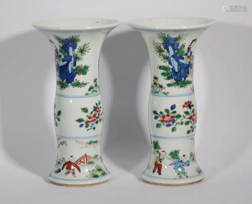 PAIR FAMILLE VERTE BEAKER VASES QING DYNASTY