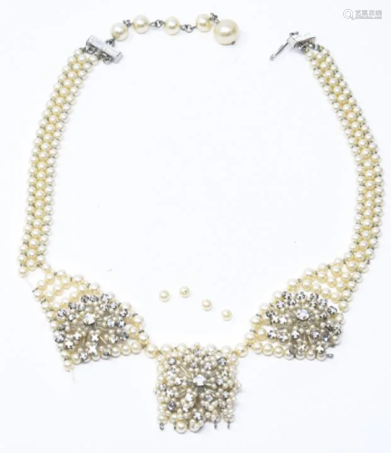 1950s Faux Pearl & Rhinestone Collar Necklace