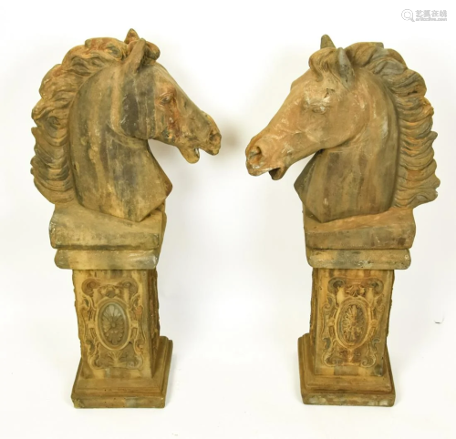Pair Cast Concrete Figural Horse Head Statues