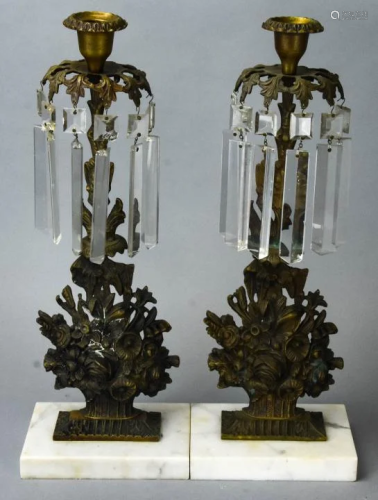 Pair Antique 19th C Marble & Crystal Candela…