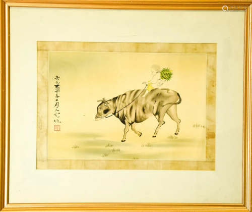 Chinese Watercolor Painting of Boy on Ox Si…