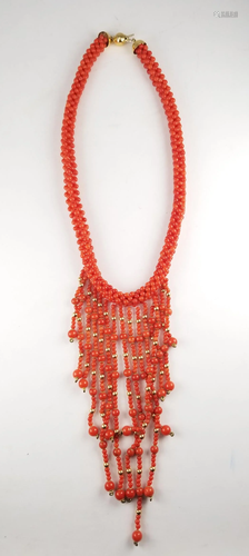 18K Gold Red Coral Bead Necklace