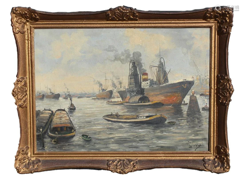 Antique Signed European Harbor Scene