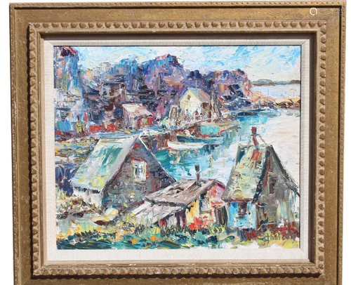 American School, Harbor Scene. Signed