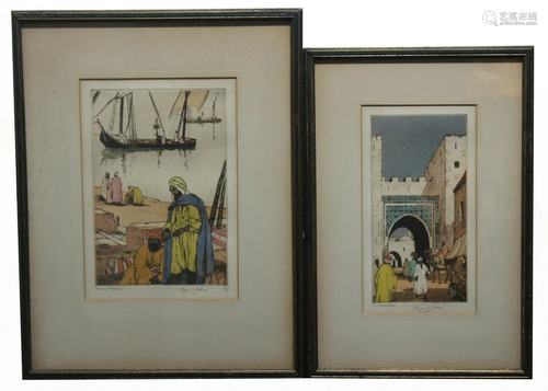 (2) Edgar Patterson Orientalist Colored Etchings