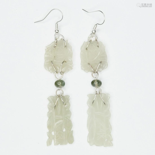 Pair of Chinese Jade and Sterling Silver Earrings