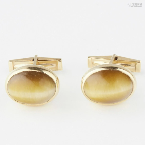 Pair of Oval 14K Gold & Tiger Eye Cufflinks