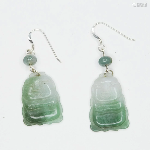 Pair of Chinese Jade and Sterling Silver Earrings