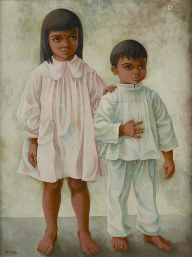 Bernique Longley Two Children Oil on Board