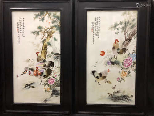 清中晚期 粉彩花鸟瓷板画一套2件