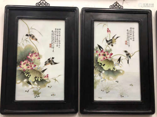 清中晚期 粉彩精绘花鸟瓷板画一套2件