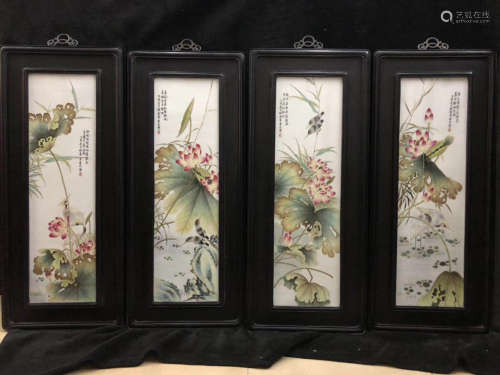 清中晚期 粉彩花鸟瓷板画一套4件