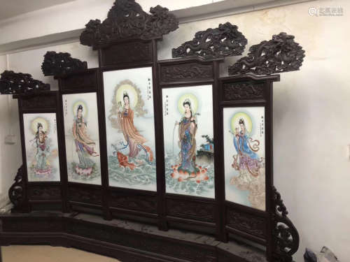 清中晚期 粉彩人物观音瓷板画