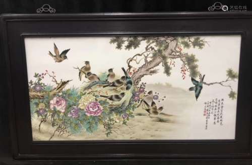 清中晚期 粉彩精绘花鸟瓷板画