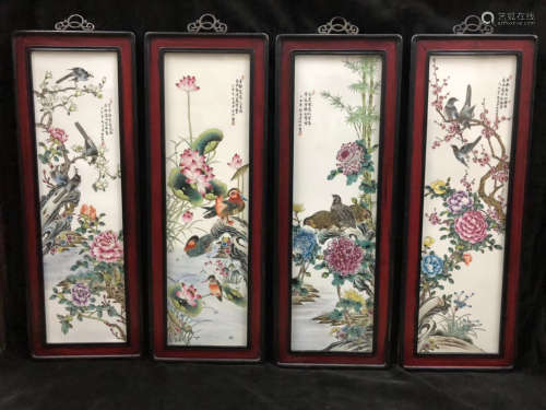 清中晚期 粉彩花鸟瓷板画一套4件