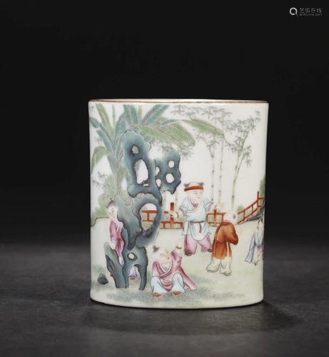 A CHINESE FAMILLE ROSE BRUSH POT WITH …