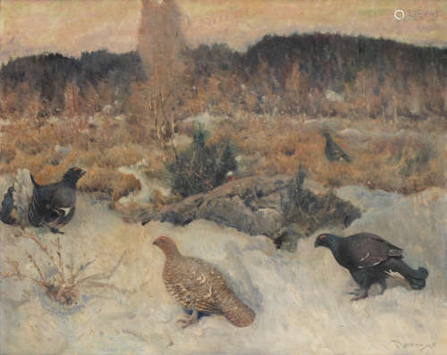 Mauritz Drougge(Norwegian, 1874-1949) Black Grouse at the lek; Ptarmigan in autumn, a pair each 80.5 x 100.5cm (31 11/16 x 39 9/16in). (2)