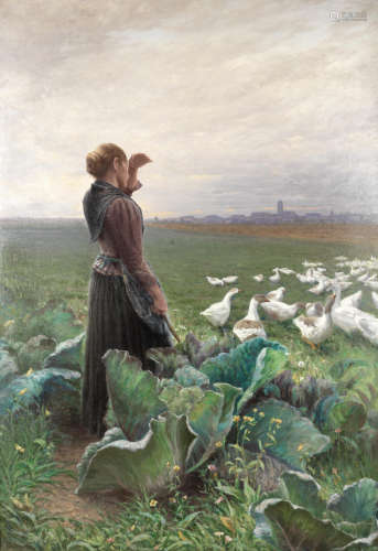 German School(19th Century) Landscape with lady and geese at the edge of a cabbage patch, a town in the distance