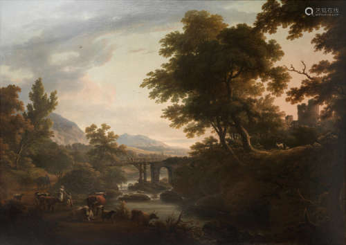 Attributed to William Frederick Witherington(British, 1785-1865) Extensive landscape with figures and cattle by a river